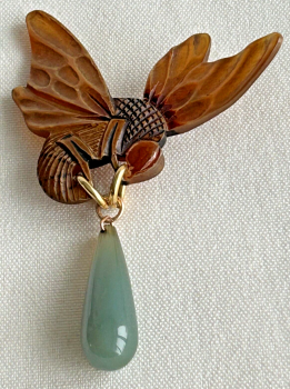 Antique Art Nouveau carved horn bee or hornet brooch pin signed for Georges Flamand Paris