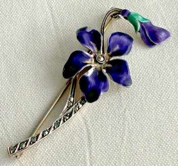 Vintage Violet Sterling Silver Marcasite Enamel Enamelled brooch pin