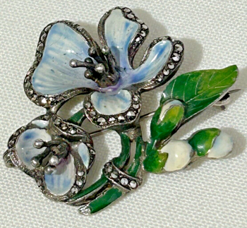 Vintage Sterling Silver Marcasite Enamel Enamelled pale blue flower brooch pin