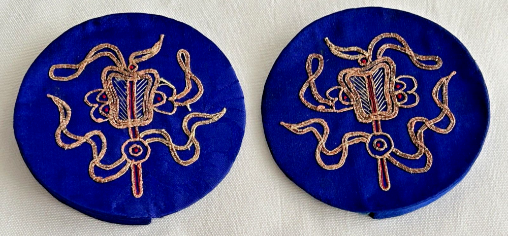 Antique Chinese Embroidered ear warmers blue figures figural