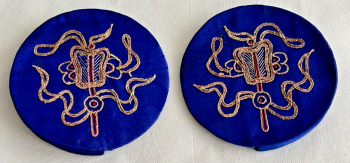 Antique Chinese Embroidered ear warmers blue gold thread fan and ribbons