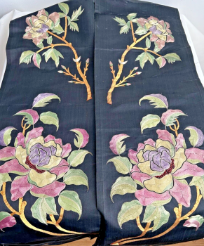 Antique Chinese Embroidered pair of gold thread silk sleeves panels flowers
