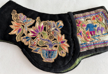 Antique Chinese Embroidered gold leaf silk childs hat with panels flowers