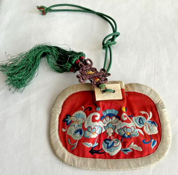 Antique Chinese Embroidered red silk purse butterfly stone toggle green tassel