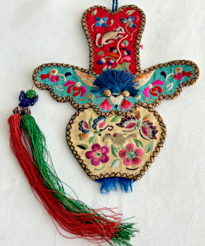 Antique Chinese Embroidered hanging key shaped ornament butterflies flowers bat