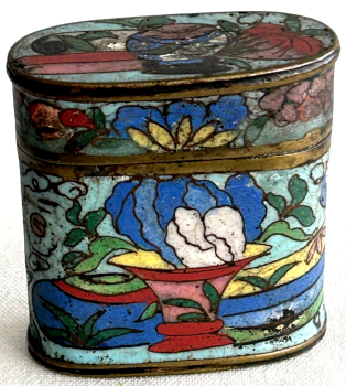 Antique Chinese Cloisonne Opium box decorated with flowers scholars artefacts