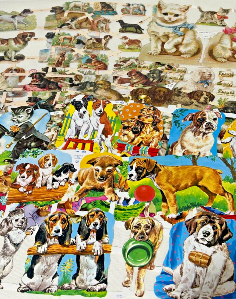 Set 1 : German Lithograph Embossed Scrap Set x 8 sheets Dogs Puppys Cats Ki