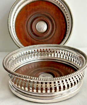 Antique Victorian silver plate magnum coasters Elkington 1851 pierced gallery