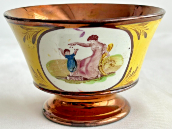 Antique ceramic Victorian copper Lustreware Bowl Yellow Ground Mother & Child
