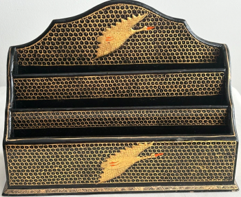 Antique Japanese wooden lacquered Letter Rack C1920 Gold Cranes