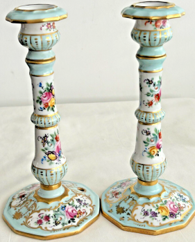 Vintage ceramic Le Tallec French Paris Candlesticks Pair Painted floral gold