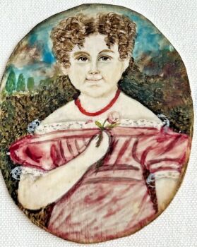 Antique Georgian miniature painting young girl coral necklace ringlets pink lace