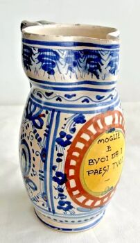 Antique Spanish pottery Jug Motto glazed blue & White