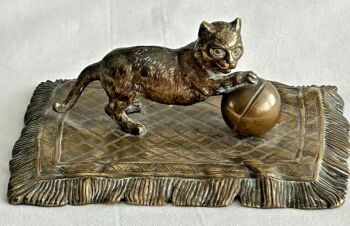 Antique Victorian F Bergman Geschützt Bronze Cat Ball Carpet Signed Lozenge Mark