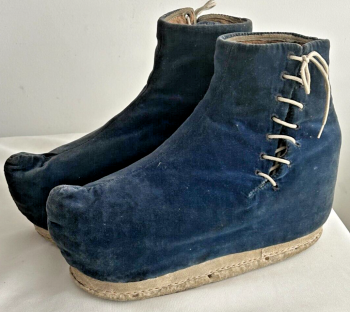 Antique Chinese blue cotton velvet shoes boots Quing period Rare