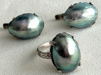 Vintage Retro Ring Earrings Blue Grey Split Pearl Sterling Silver