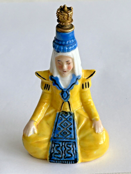 Antique German Sitzendorf crown top figural perfume bottle Woman Yellow Dress