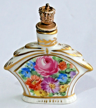 Antique German Dresden crown top figural perfume bottle basket of flowers