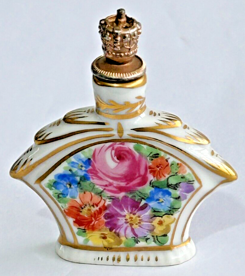 Antique German Sitzendorf crown top figural perfume bottle Woman Yellow Dre