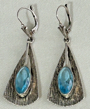 A pair of Vintage sterling silver retro 1970s dangle drop blue faceted paste stones