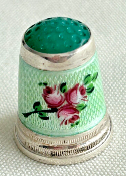Antique sterling silver enamel German Thimble pink roses glass top