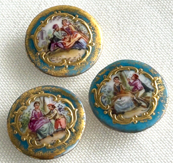 Three antique china Limoges style buttons gilded painted decoration