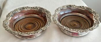 Antique Georgian silver plated large wine bottle coasters pair flowers