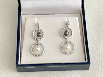 14ct White gold cultured white and black pearl Diamond earrings