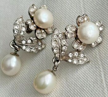Large Vintage sterling silver paste Retro earrings cultured pearl C1940s - 1950s