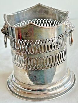 Antique silver plate plated wine bottle holder pierced work lions head handles