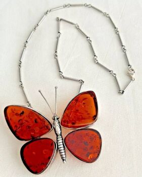 Amber 925 sterling silver large butterfly brooch pin necklace chain