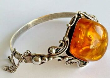 Vintage Sterling silver Amber Art Nouveau style bangle bracelet 925