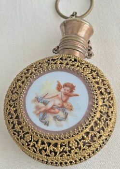 Antique filigree gilt cranberry glass cherub perfume scent bottle Victorian