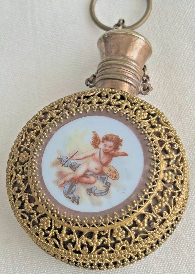 Antique ceramic hand painted Victorian perfume scent bottle pale green flow