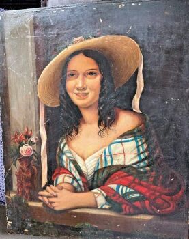 Antique oil painting on wood Scottish tartan shawl hat bonnet Victorian
