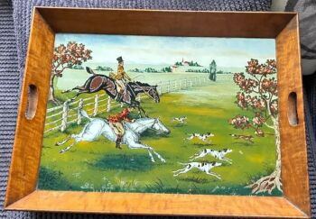 Antique Art Deco reverse glass painting wooden tea tray hunting scene horses fox