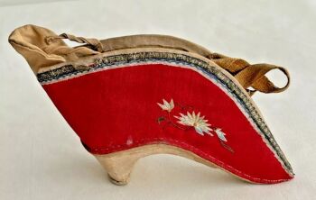 Antique Tiny Chinese bound foot feet shoe slipper silk embroidered embroidery