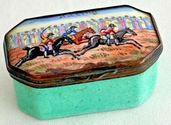 Antique Bilston 19th Century snuff patch cache enamel box Horse Racing horses