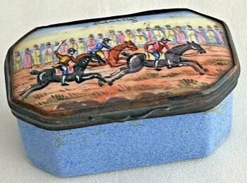 Antique Bilston 19th Century snuff patch cache enamel box Horse Racing horses