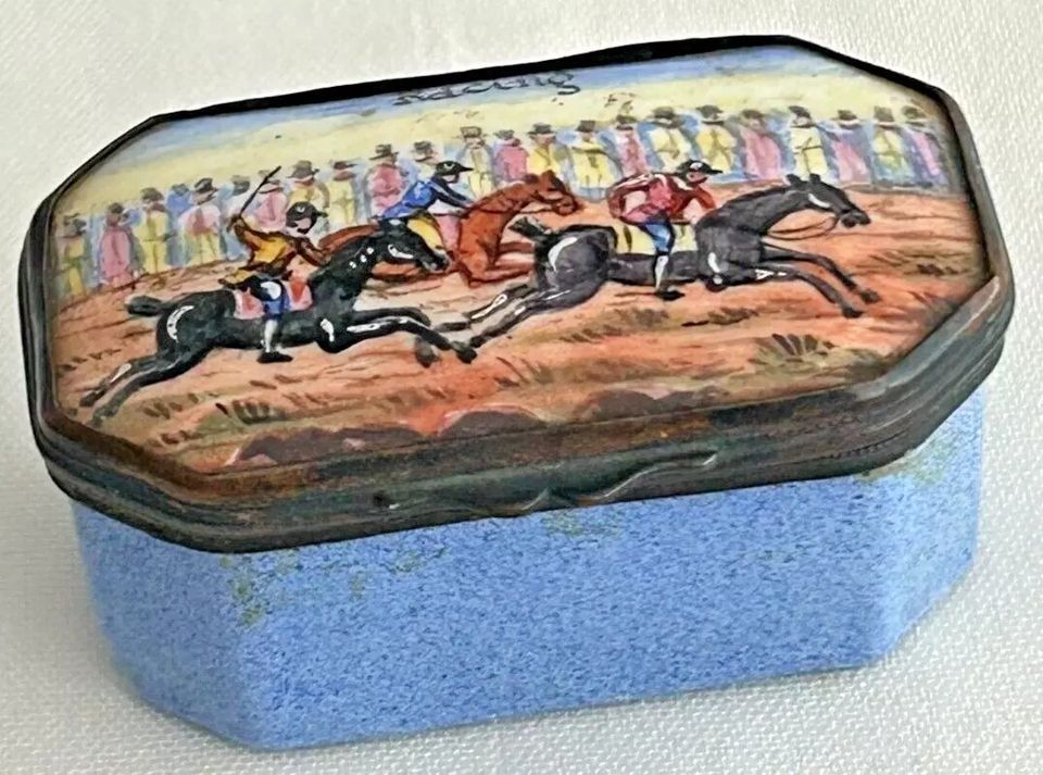 Antique Bilston 19th Century snuff patch cache enamel box Horse Racing hors