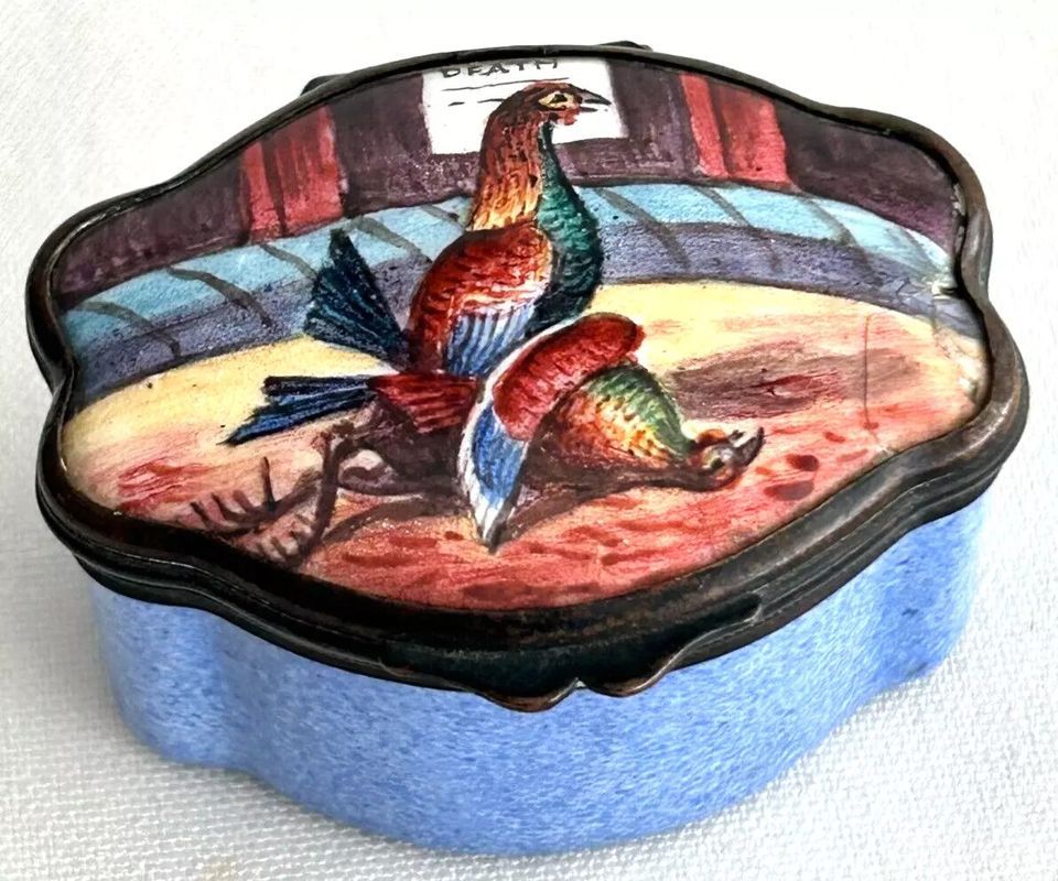 Antique Bilston 19th Century snuff patch cache enamel box Cock fighting