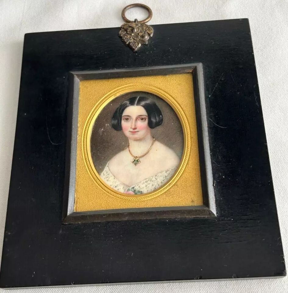 Antique 18th Century painting miniature lady necklace earrings dress French