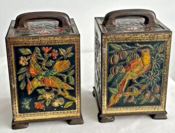 Antique pair of biscuit tin s tea caddy W R Jacob & Co Hudson Scott advertising