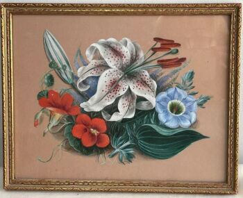 Antique 19th century watercolour signed Ebel floral flowers lily lilies