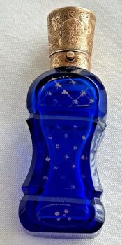 Antique Bristol blue teardrop glass perfume scent bottle silver top