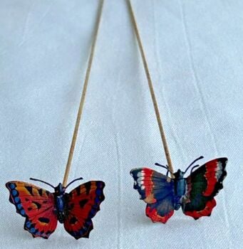 Antique Edwardian butterfly hat pin pins pair painted enamel butterflies hatpin