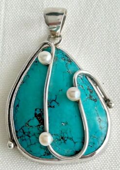 Large Vintage sterling silver necklace pendant Turquoise Cultured pearls 925
