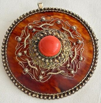 Large Sterling silver gilt gilded antique brooch pin Chinese Coral pendant