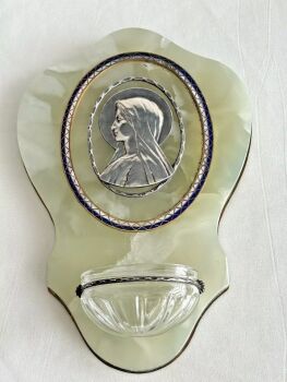 Antique Holy water font Mary Madonna silver enamel green marble bronze