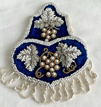 Antique beaded embroidered watch pocket faux pearls gold beads blue velvet